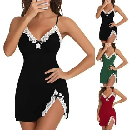 Women’s Sexy Lace Silk Satin Nightgown – V-Neck Sleeveless Sleepwear with Split Hem Soft Lingerie Dress