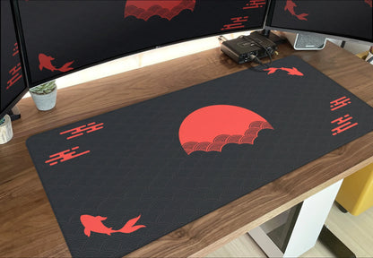 Japanese XXL Desk Mat 90x40 — Black & Red Koi Fish Gaming Mouse Pad, Sunrise Art Rubber Mousepad
