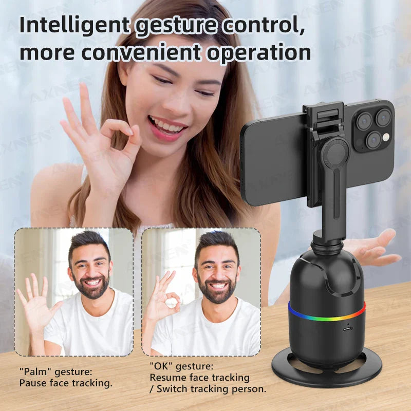Smart Auto Face Tracking AI Gimbal – 360° Desktop Vlog Stabilizer for Smartphone & Action Camera (Tripod Optional)