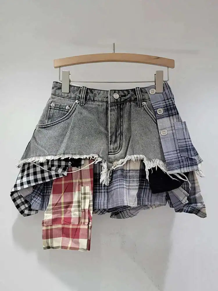DEAT Women’s Denim Mini Skirt — Colored Plaid Patchwork Irregular A-Line, High Waist Summer 2025 Fashion Skirt