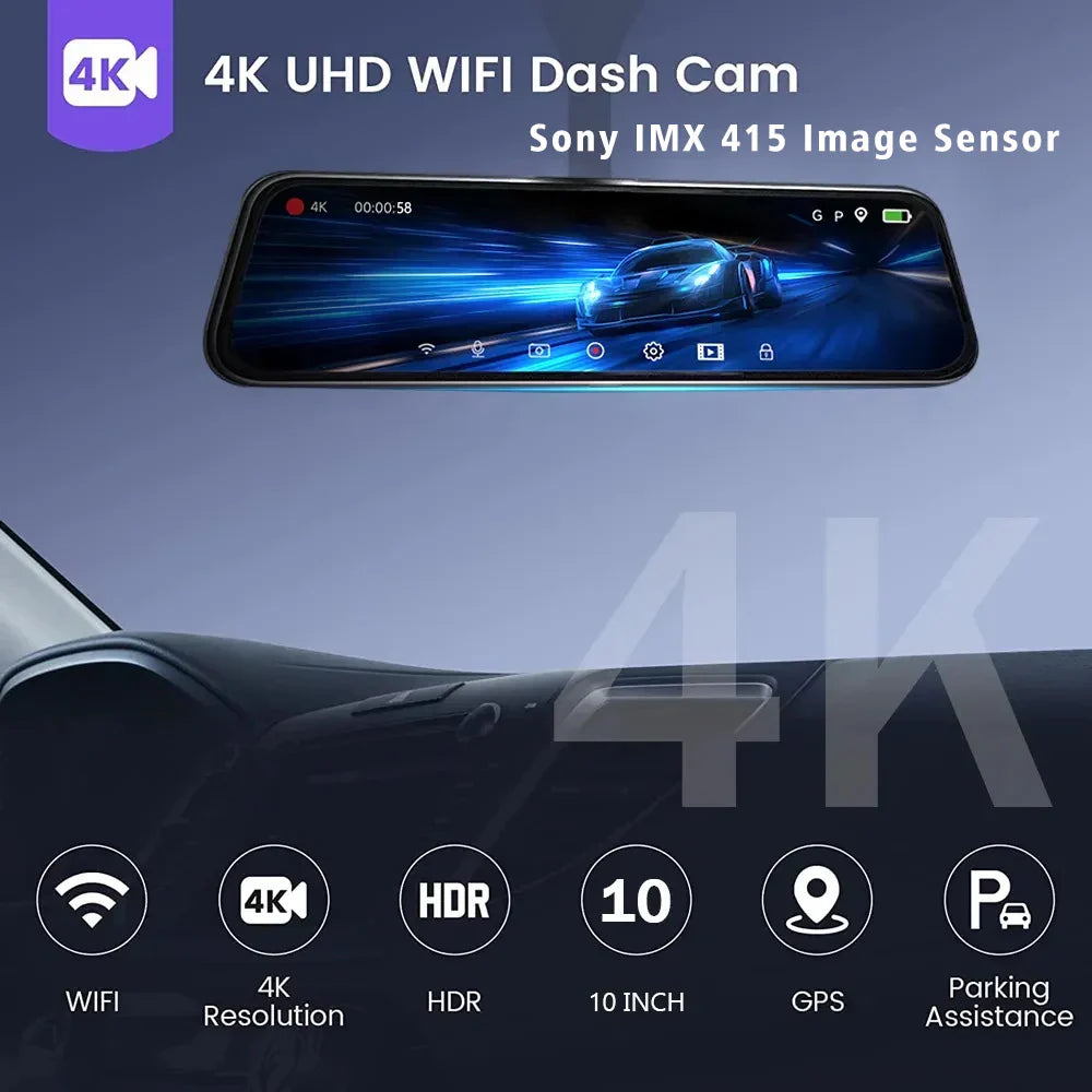 10'' 4K Mirror Dash Cam with GPS & WiFi – Dual Lens Car DVR, IPS Screen, Rearview Streaming Recorder