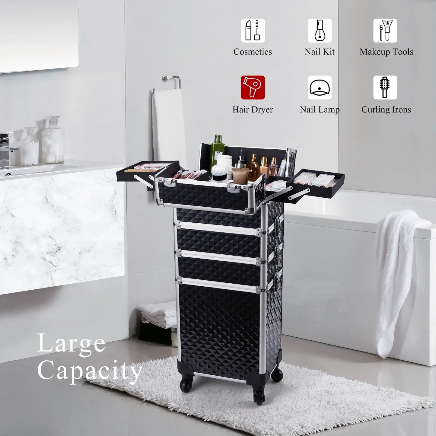 Makeup Trolley Case 4-in-1 — Detachable Alloy Train Briefcase with Wheels, Lockable Large Capacity Storage for Nail Manicure Salon