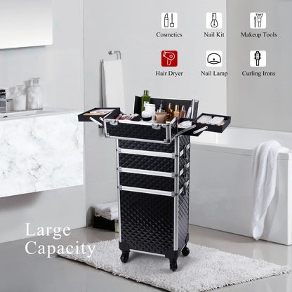 Makeup Trolley Case 4-in-1 — Detachable Alloy Train Briefcase with Wheels, Lockable Large Capacity Storage for Nail Manicure Salon