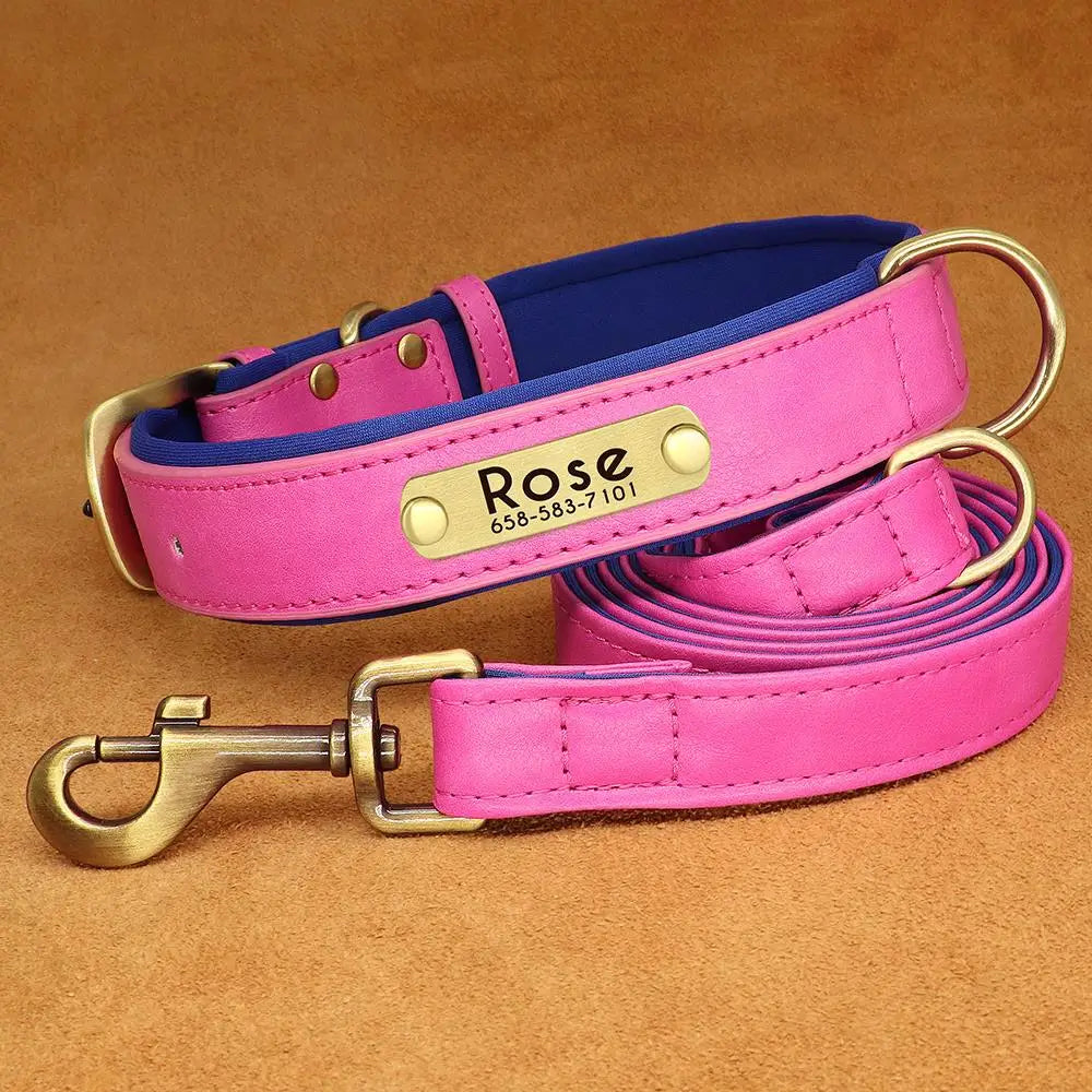 Customized Leather Dog Collar & Leash Set – Soft Padded Adjustable Collar for Small, Medium & Large Dogs with Engraved Nameplate