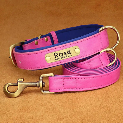 Customized Leather Dog Collar & Leash Set – Soft Padded Adjustable Collar for Small, Medium & Large Dogs with Engraved Nameplate