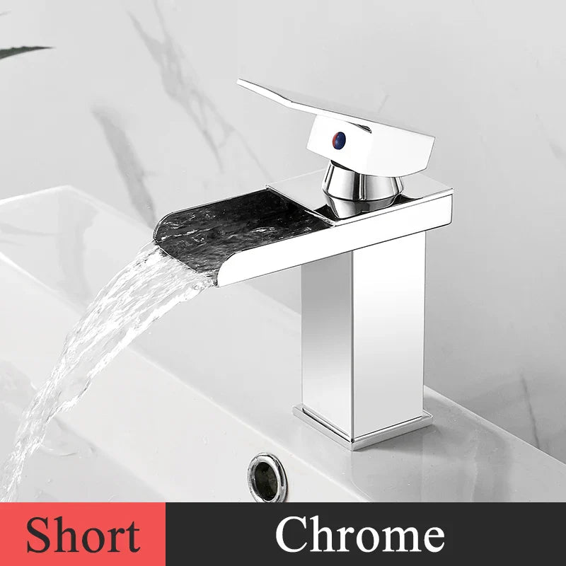 Bathroom Basin Sink Faucet - Deck Mount Waterfall Spout Tap with Single Handle, Hot & Cold Water Mixer for Vanity Washbasin
