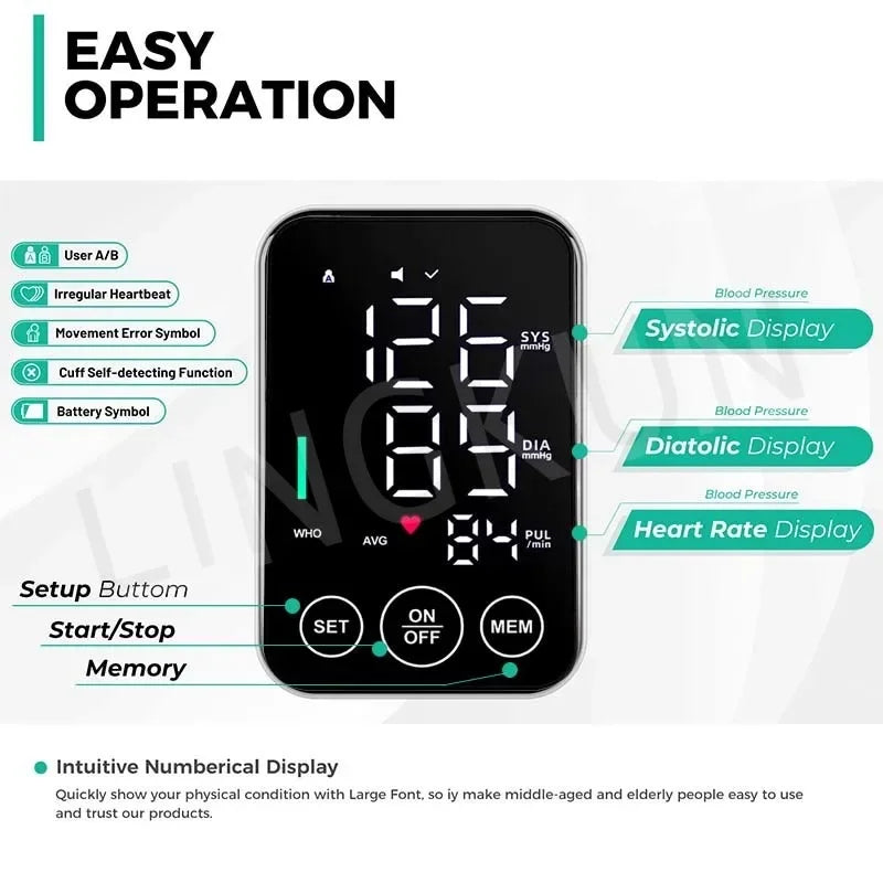 Spanish Voice Blood Pressure Monitor – Digital Arm Sphygmomanometer with LED Big Screen Tonometer