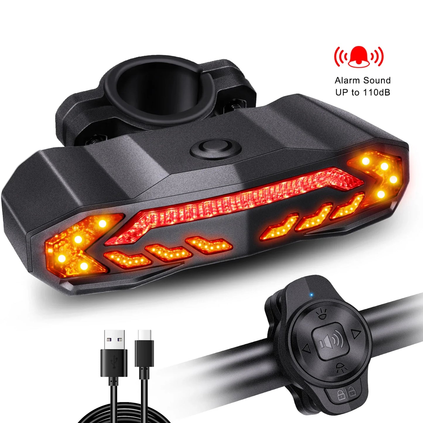 Wireless Bicycle Tail Light with Turn Signal & Anti-Theft Alarm – USB Rechargeable, IP65 Waterproof Brake Sensor Bike Light with Bracket