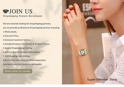 Luxury Women's Square Quartz Watch – Gold-Plated Stainless Steel Business Timepiece