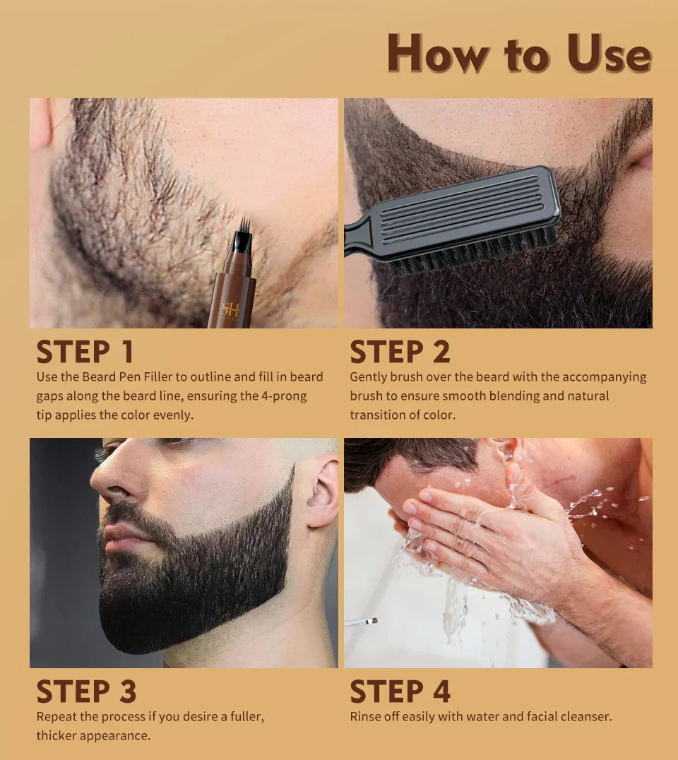 Waterproof Beard Filler Pen – Black Beard & Mustache Coloring Tool for Men, Hair Line Enhancer
