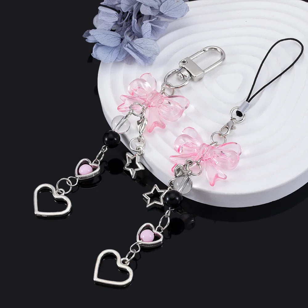 Y2K Bow Heart Star Phone Charm - Kawaii Goth Keychain Pendant for Bags & Cute Accessories