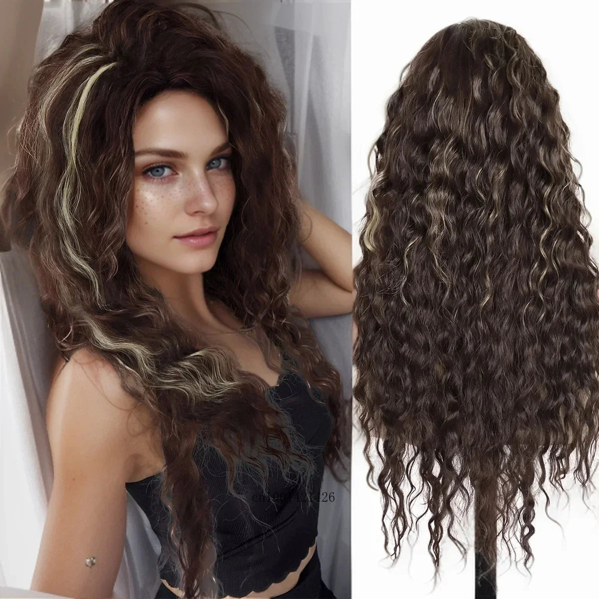 Ash Blonde Synthetic Wig – 26" Long Curly Ombre Hair, Fluffy Wave Wig for Women, Costume & Party Wig