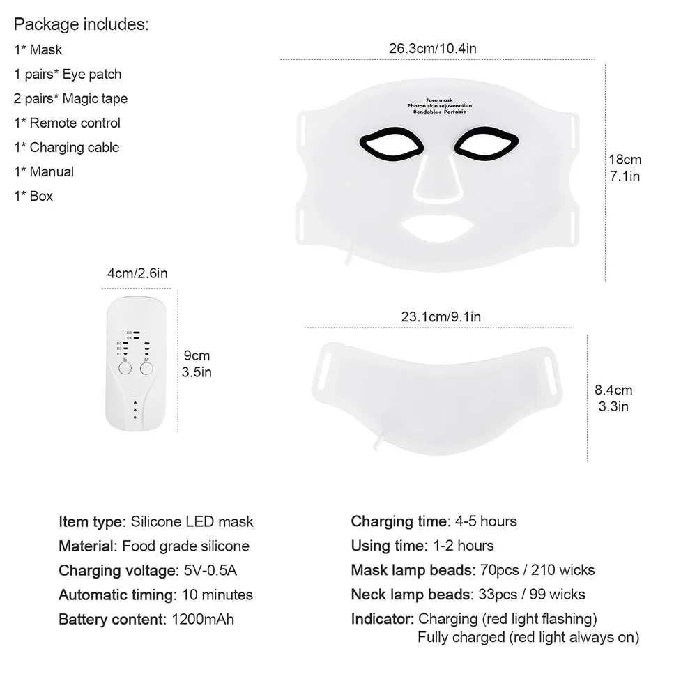 Silicone LED Mask with Neck – 7-Color Photon Red Light & Infrared Therapy, Flexible Wireless Facial Skin Repair Mask