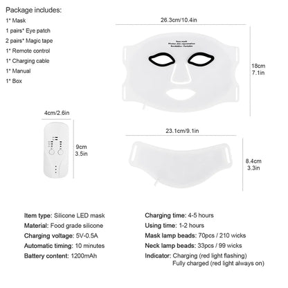 Silicone LED Mask with Neck – 7-Color Photon Red Light & Infrared Therapy, Flexible Wireless Facial Skin Repair Mask