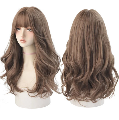 7JHH Brown Ash Long Deep Wave Lolita Wig for Women — Synthetic Hair with Bangs, Thick Curly Fashion Wig
