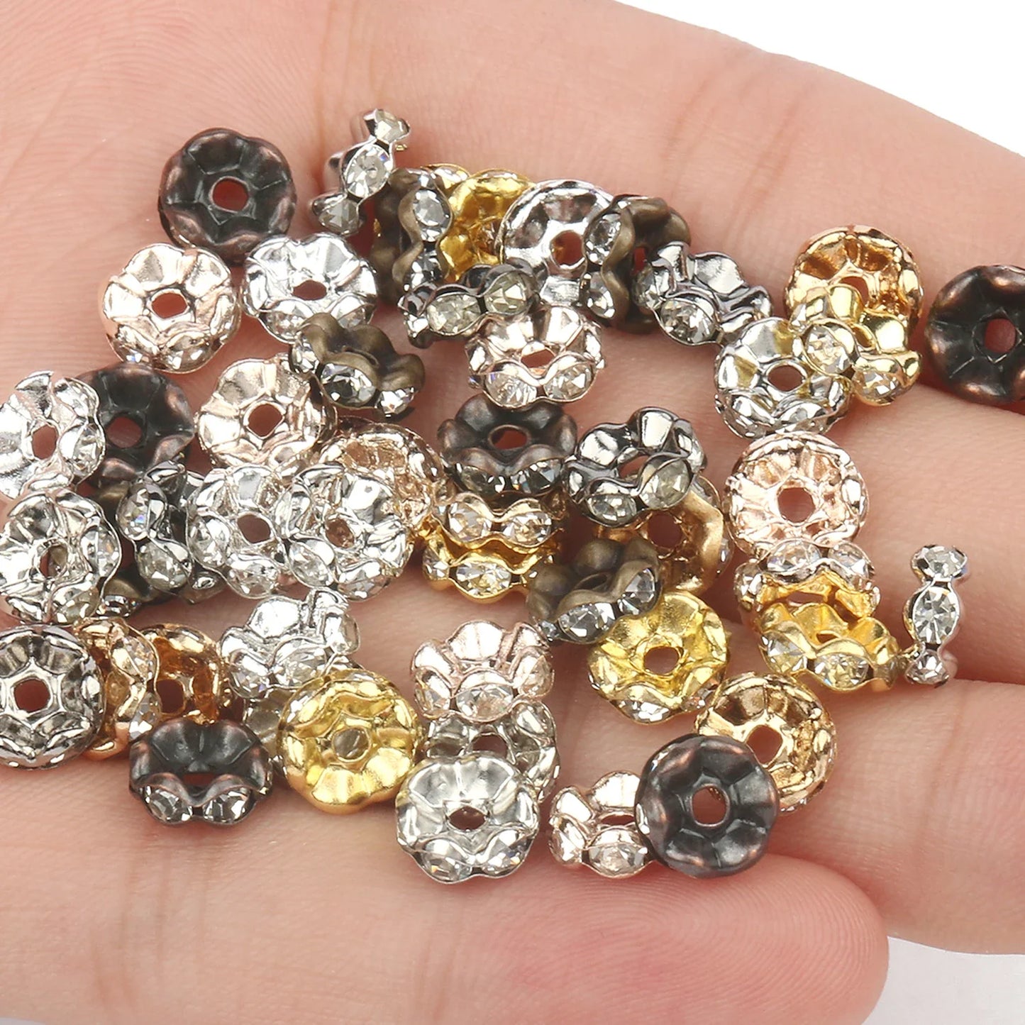 50PCS Rhinestone Spacer Beads Set – Multi-Color Crystal Rondelle Metal Beads for DIY Jewelry & Bracelet Making