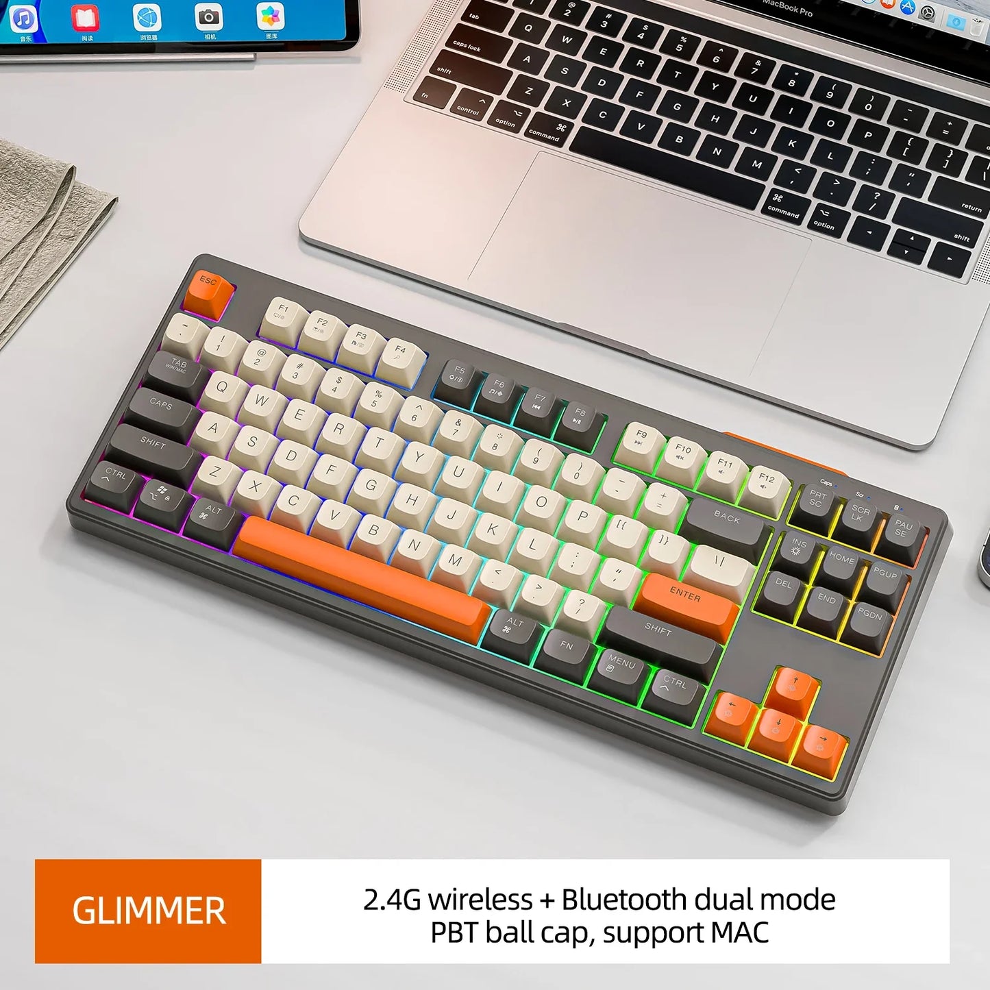 M87 Wireless 87-Key Dual Mode Bluetooth RGB Gaming Keyboard with PBT Keycaps and Rainbow Light