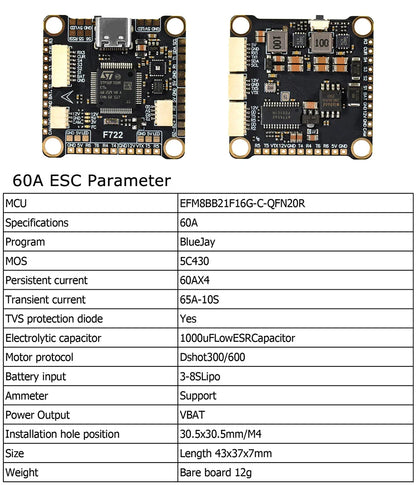9IMOD F722 Flight Stack – F722 Flight Controller with 55A/60A ESC, 3-6S LiPo, ICM42688 Gyro for FPV Racing Drone