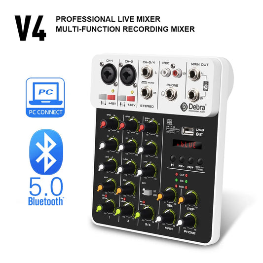 V4 4-Channel Audio Interface Mixer — USB & Bluetooth with 48V Phantom Power, Effects & Recording