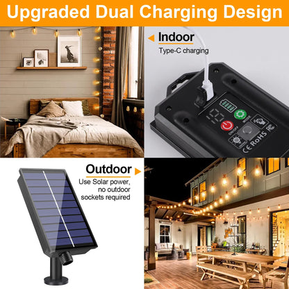 Solar Globe LED String Lights G40 — USB Rechargeable, 8 Modes Remote-Control Patio & Garden Hanging Lights, Weatherproof