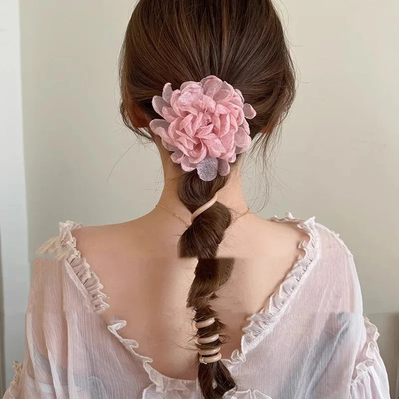 1PC Lovely Beaded Big Flowers Elastic Spiral Hair Rope – Ponytail Hair Ring Rubber Band Headband for Kids