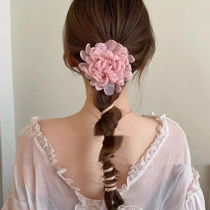 1PC Lovely Beaded Big Flowers Elastic Spiral Hair Rope – Ponytail Hair Ring Rubber Band Headband for Kids