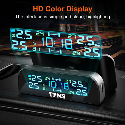 Solar Car TPMS Tire Pressure Monitoring System – 4 External Sensors with Temperature Alarm for Tyre Safety