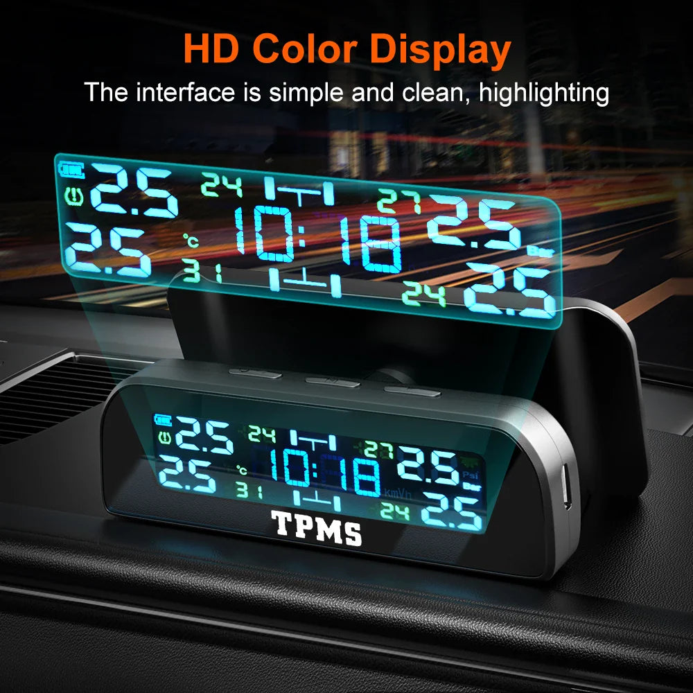 Solar TPMS Tire Pressure Monitoring System – 4-Wheel External Sensors with Temperature Alarm for Car Tyre Safety