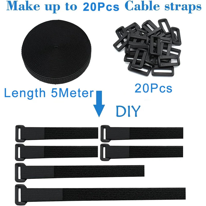 5M Hook & Loop Cable Straps with 20 Buckles – Adjustable Cut-to-Length Nylon Cinch Straps for Cable Organization