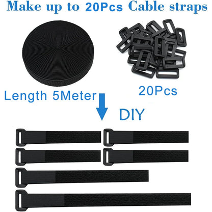 5M Hook & Loop Cable Straps with 20 Buckles – Adjustable Cut-to-Length Nylon Cinch Straps for Cable Organization
