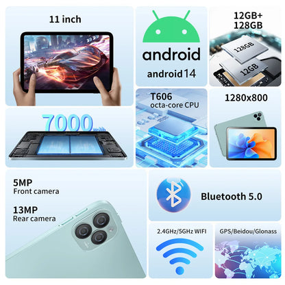 11″ Android 14 Tablet — Octa-Core, 12GB RAM + 128GB ROM, 4G/5G Phone Call, WiFi, Bluetooth, 7000mAh