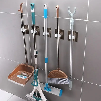 Punch-Free Mop Holder Wall-Mounted Broom Hanger with Self-Adhesive Hooks - Bathroom Shelf for Home Accessories and Bathroom Storage