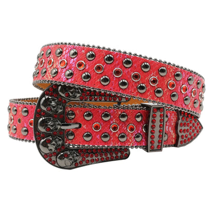 Women’s Rhinestone Skull Leather Belt – Luxury Designer Studded Strap for Jeans, White & Black