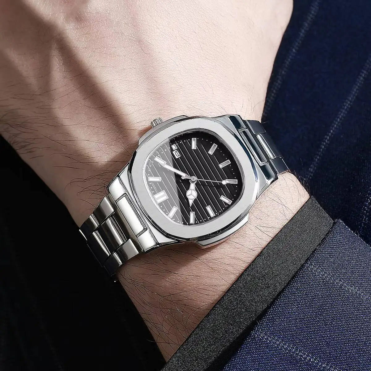 Luxury Men’s Business Watch - Square Dial Stainless Steel Quartz Watch with Calendar