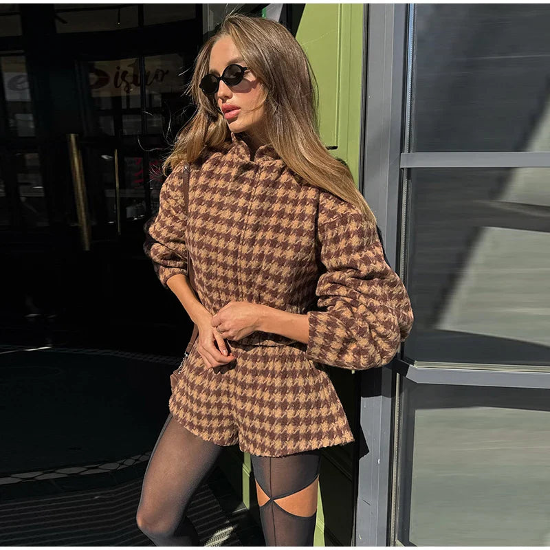 Elegant Plaid Women’s Set – Casual Full-Sleeve Zipper Jacket & High-Waist Shorts, 2025 Spring Office Outfit