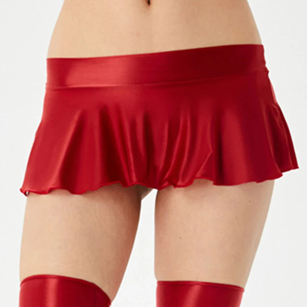 Women’s Sexy Wet Look Mini Skirt — Erotic Super Short Night Dress Party Lingerie in Wine Red, Pink & Black