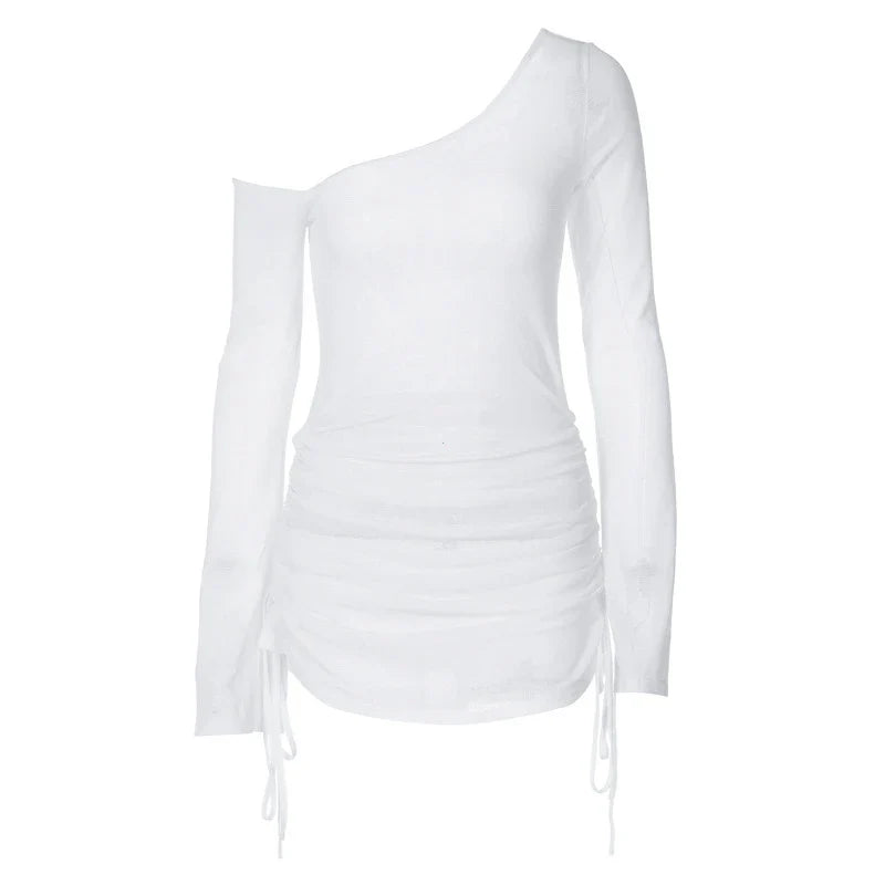 Women's See-Through Mini Dress – Ruched Lace-Up Skew Collar Strap Bodycon Party Clubwear Summer 2025