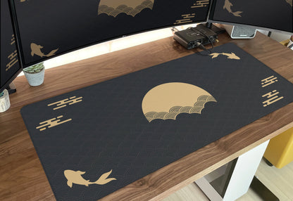 Japanese Black & Gold Desk Mat – Koi Fish, Sun, Cloud, and Seal Art XXL Mouse Pad for Gaming, Sunrise & Sunset Design