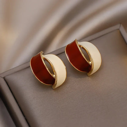 Korean Double Arc Enamel Stud Earrings – Blue Geometric Jewelry for Women