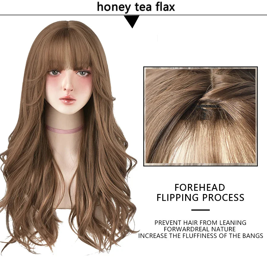 7JHH Brown Ash Long Deep Wave Lolita Wig for Women — Synthetic Hair with Bangs, Thick Curly Fashion Wig