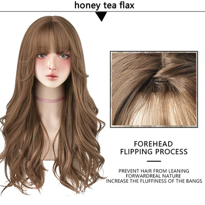 7JHH Brown Ash Long Deep Wave Lolita Wig for Women — Synthetic Hair with Bangs, Thick Curly Fashion Wig