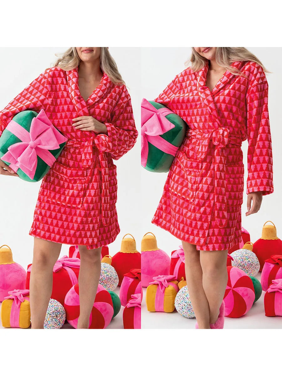 Women’s Winter Plush Robe – Long Sleeve Lapel Tie-Up with Stripe, Heart & Candy Prints Loungewear