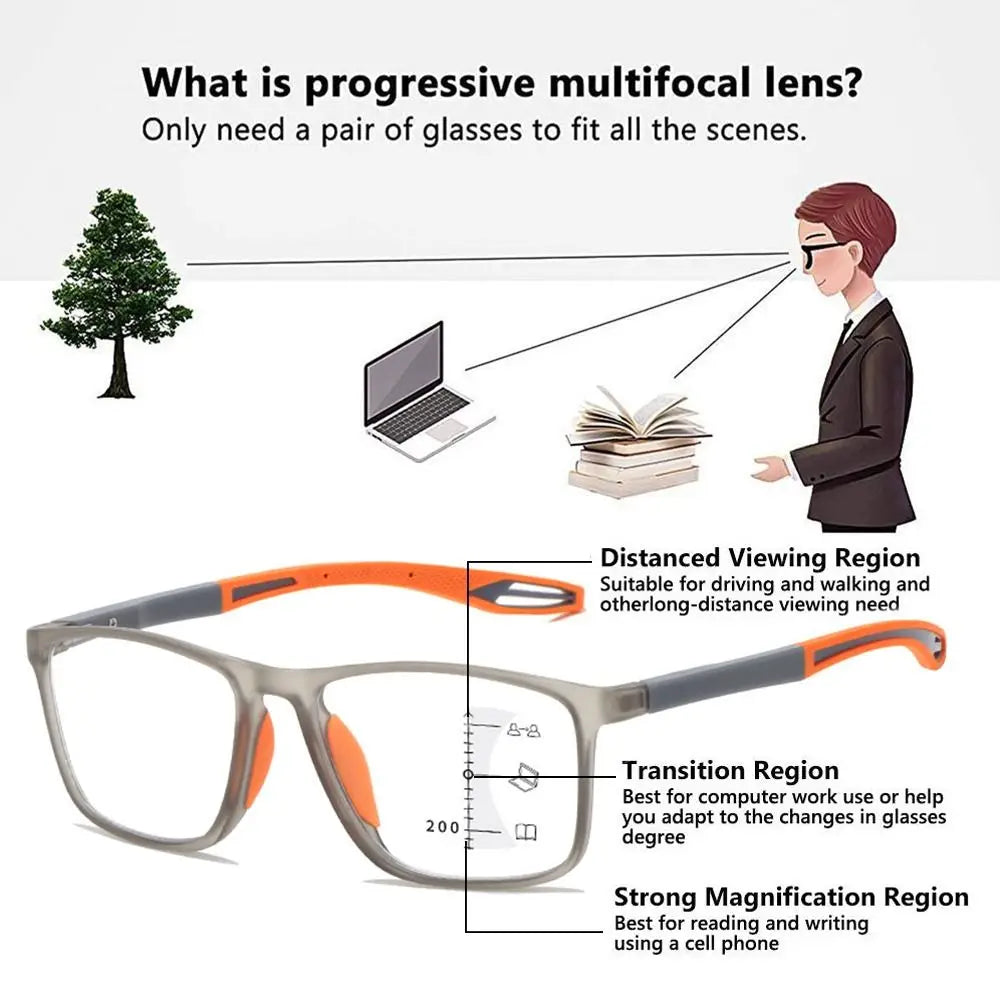 Multifocal Progressive Reading Glasses – TR90 Frame, Anti-Blue Light Sports Eyeglasses for Men & Women, Ultralight Bifocal for Presbyopia