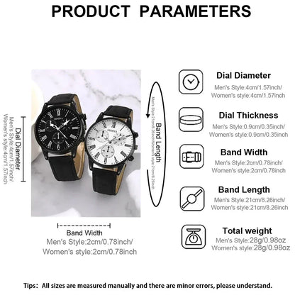 2PCS Set Couple Fashion Leather Watches – Simple Dial Quartz Wristwatches for Ladies & Men, Casual Dress Clocks
