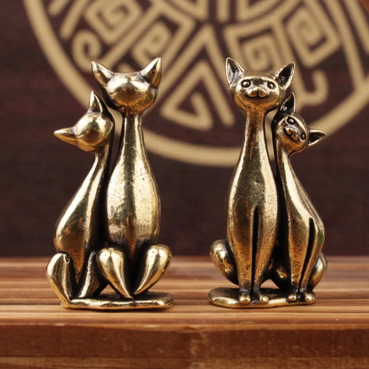 Vintage Brass Couple Cat Sculpture – Intertwined Loving Cat Art Statue Home & Office Decorative Ornament