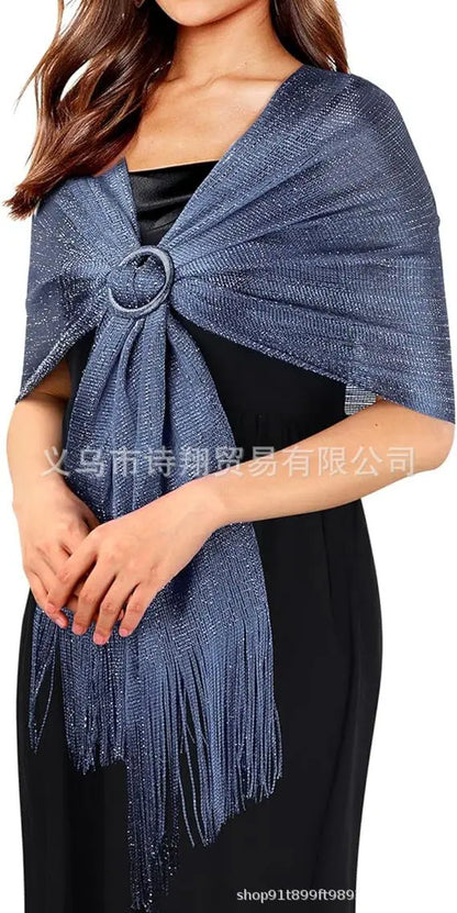 Gold & Silver Thread Tassel Scarf – Elegant Beach, Wedding & Party Fashion Shawl Accessory SJ15