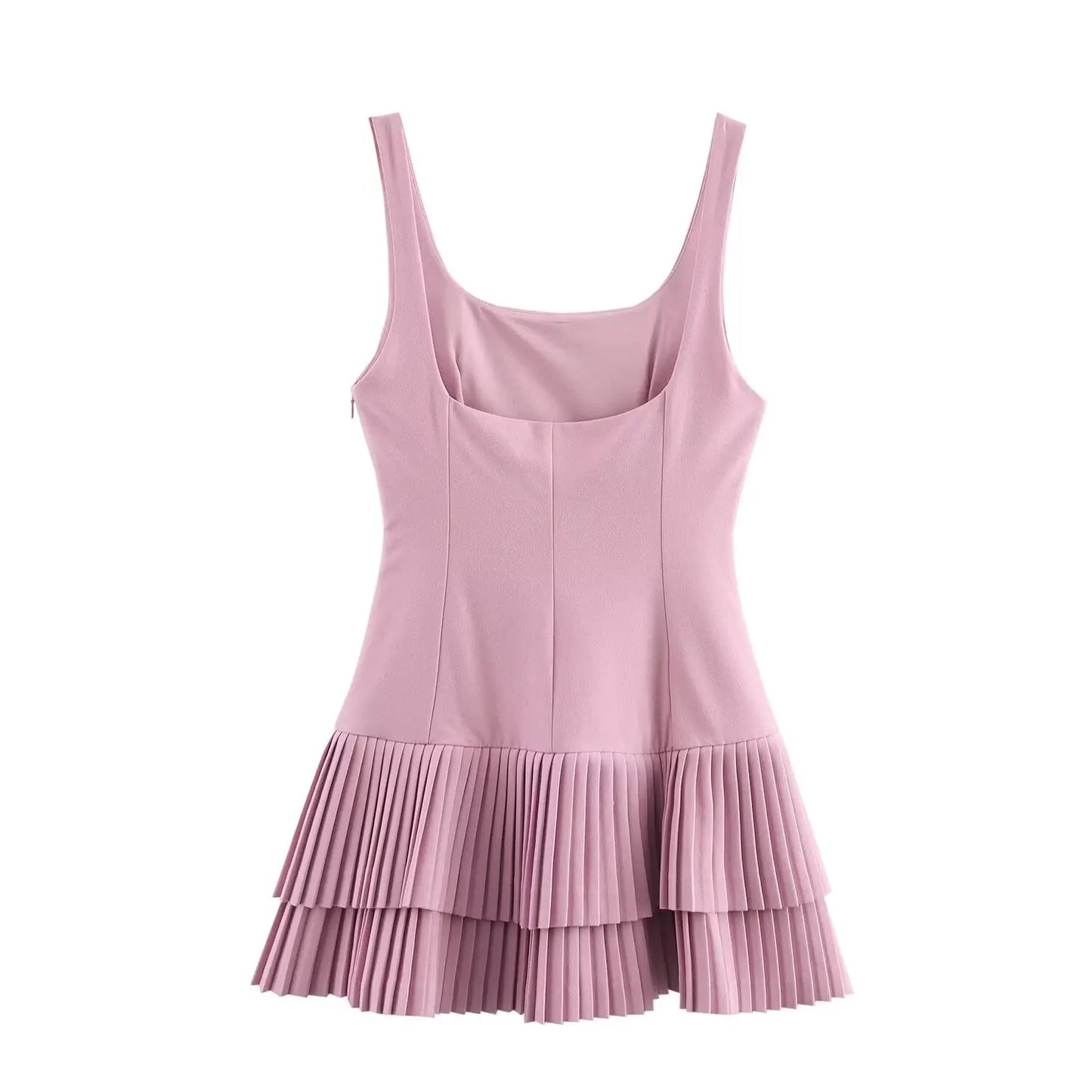 TRAFZA Women’s Square Collar Sleeveless Mini Dress – Summer Pleated Solid Color Slim High Street Chic Dress