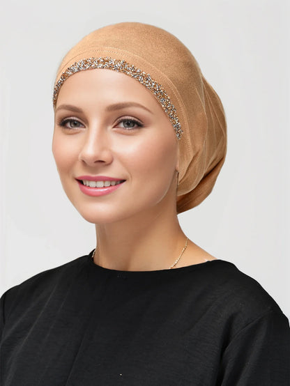Women’s Modal Rhinestone Hijab Cap - Soft Muslim Turban Underscarf Bonnet for Secure Headwrap Styling
