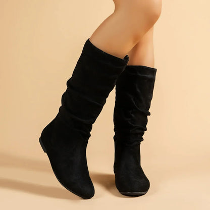 Women’s High-Top Casual Boots – Folded Zipper, Flat Bottom, Alligator Patterned Comfortable Footwear