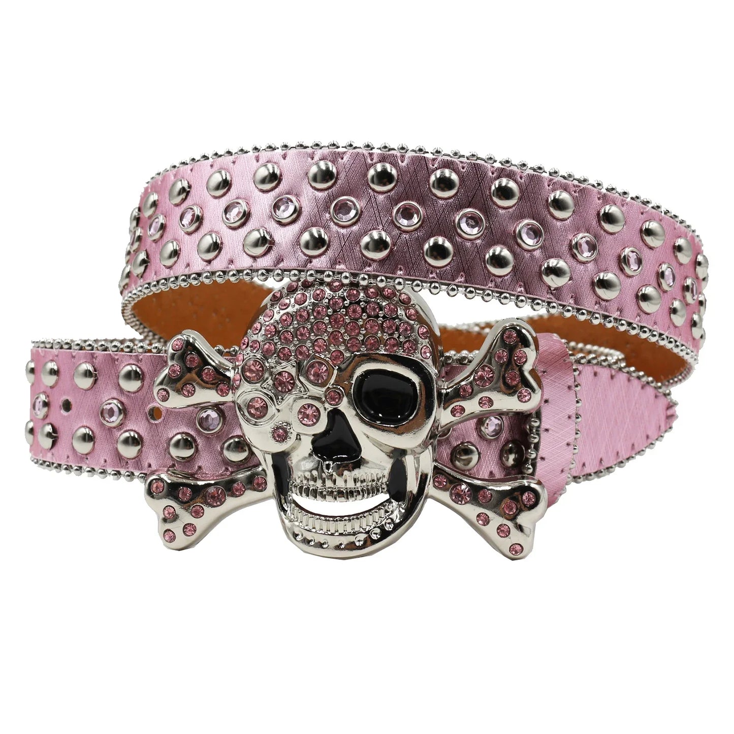Women’s Rhinestone Skull Leather Belt – Luxury Designer Studded Strap for Jeans, White & Black